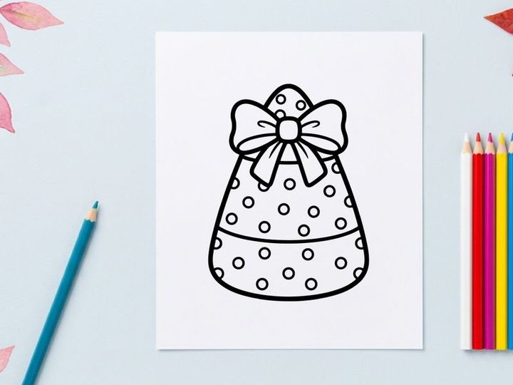 Candy corn coloring page for kids. Halloween treat illustration with a decorative bow.