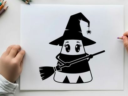 A cute cartoon ghost wearing a witch hat silhouette