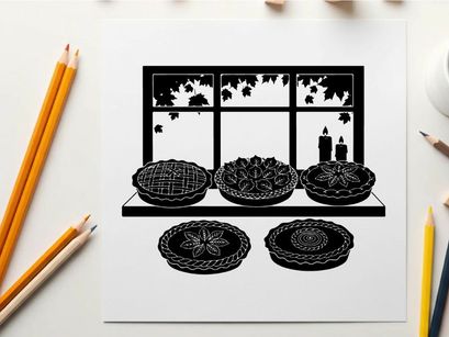 Silhouette of decorative plates on a shelf with a window