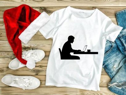 Woman working on laptop with coffee minimalist silhouette