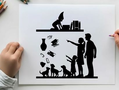 Silhouette of family and child with pets and messy room