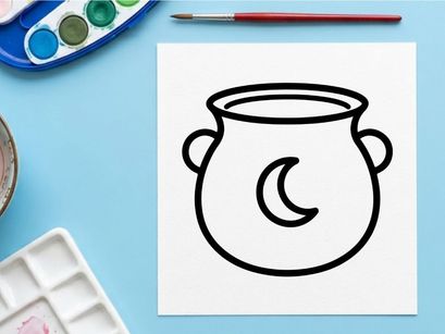 Cute black and white cauldron icon for Halloween. Vector witch pot illustration for spooky seasonal designs and decorations.