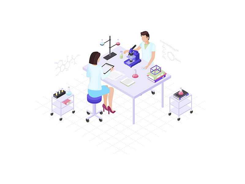 Scientists, chemists, biologists, research workers isometric color vector illustration