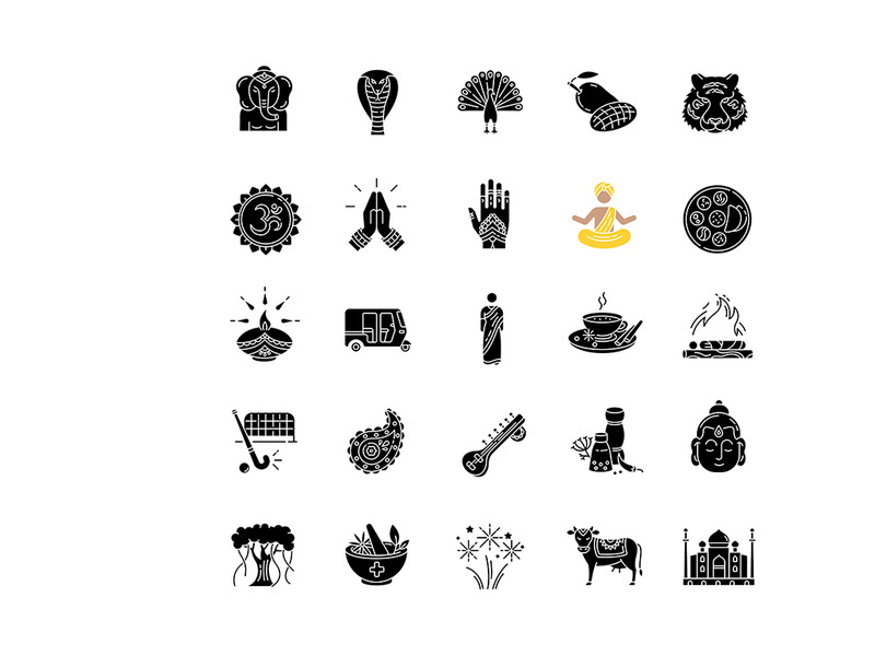 Indian culture black glyph icons set on white space