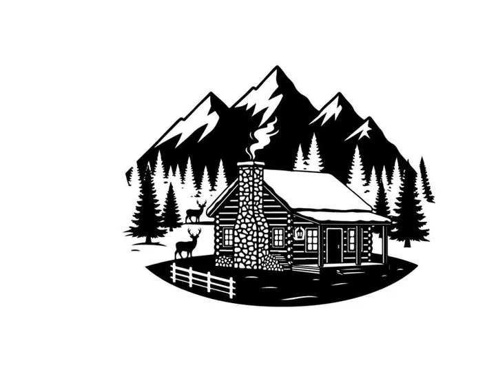 Cozy cabin silhouette in snowy mountain forest landscape