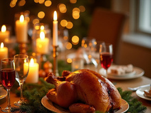 A decorated Christmas dinner table featuring a turkey is shown.