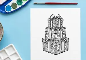 Hand drawn stack of Christmas gift boxes with ribbons and decorative floral patterns.