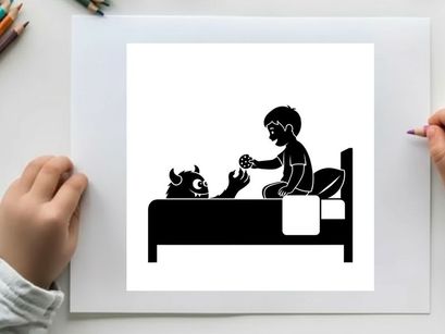Silhouette of a child and dog interacting on a bed