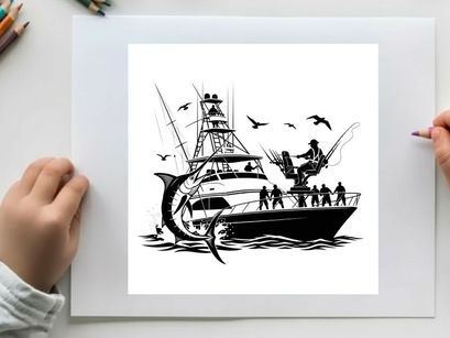 Silhouette of a fishing boat with a large catch and seagulls