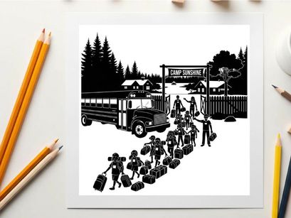 Silhouette of children arriving at camp sunshine with luggage