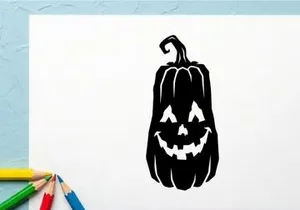 Abóbora de Halloween com rosto assustador e haste curva