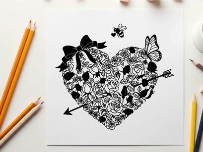 Silhouette heart with butterflies bows and arrows illustration