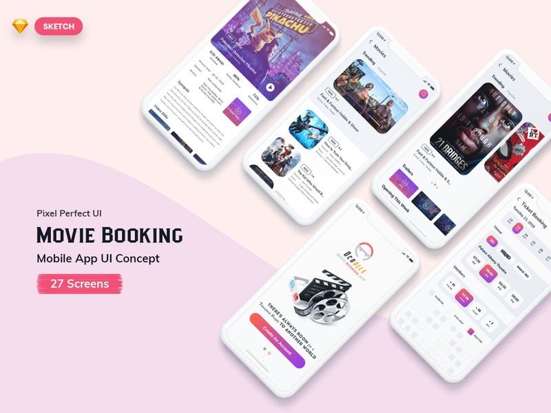 Ocodile-Movie Booking Mobile App UI Kit Light (SKETCH)