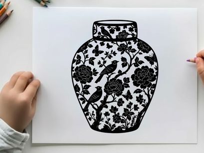 Silhouette of a decorative vase with floral pattern and birds