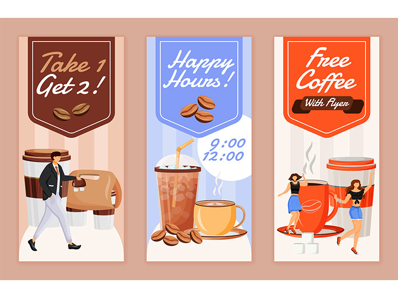 Happy hour for coffee flyers flat vector templates set