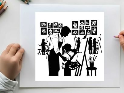 Silhouette of art teacher and student in art class with paintings