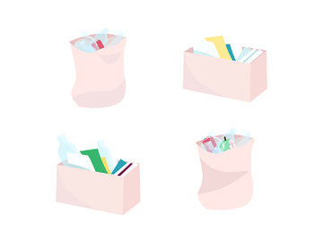 Waste boxes and bags flat color vector objects set preview picture