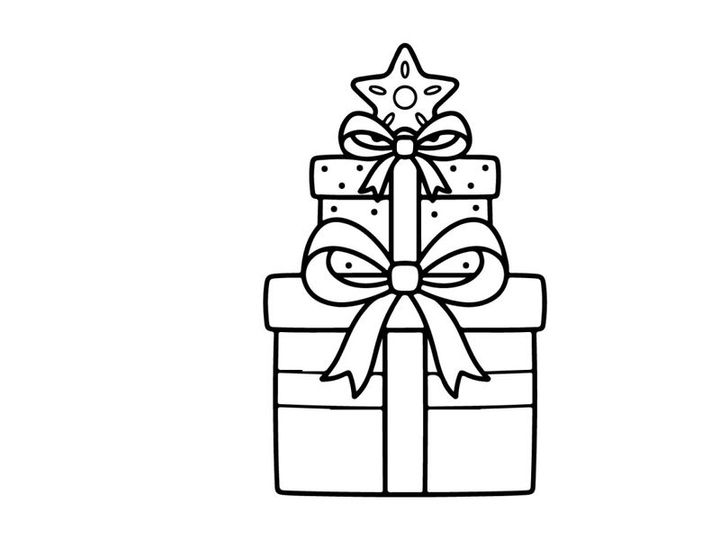 Ilustração de arte vetorial de caixas de presente de Natal com laços e enfeites em estrela para página de colorir