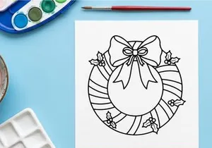 Christmas wreath line art illustration with festive bow and holly berries for coloring page