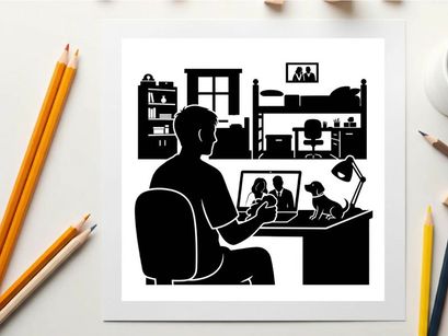 Silhouette of a man working on laptop in a cluttered home office space silhouette