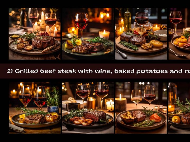 Grilled beef steak with wine, baked potatoes and rosemary