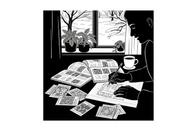 Silhouette of a person reading and writing by the window with plants preview picture