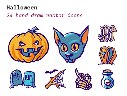 Happy Halloween - Scary icon set with Pumpkin, Cat, Bones, Bat, Web