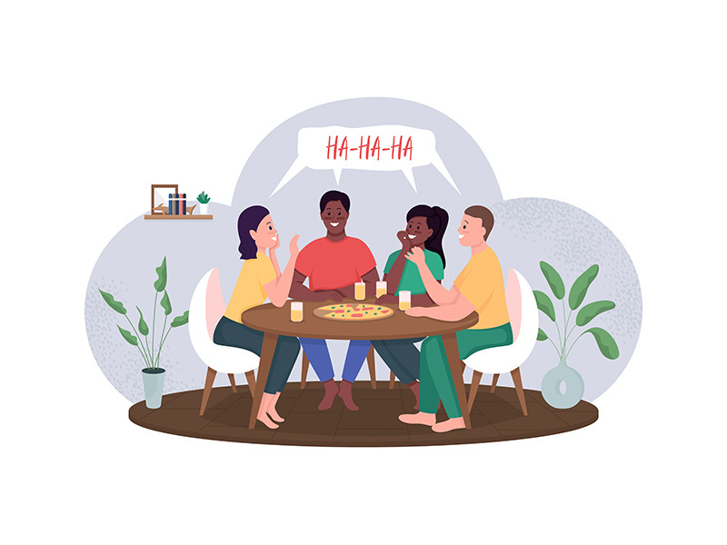 Friends meeting over pizza flat color vector detailed characters