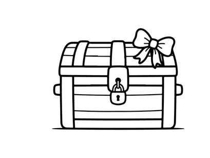 Treasure chest with gift bow. Outline illustration of a locked wooden box present.