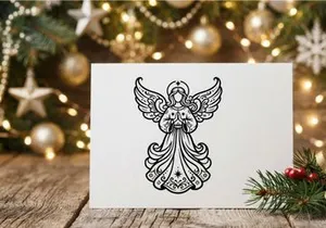 Black and white line art illustration of a praying Christmas angel with decorative wings.