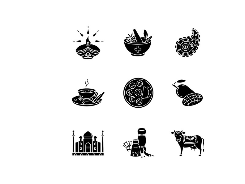 Indian traditions black glyph icons set on white space