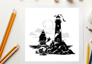 Silhouette of a lighthouse on a rocky coast with a ship