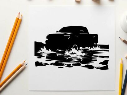 Silhouette of a pickup truck driving through water on a road