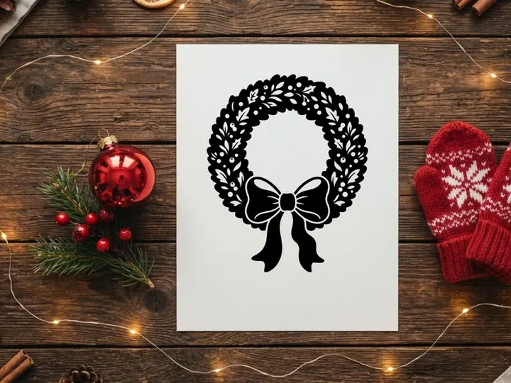 Black Christmas wreath silhouette with decorative bow isolated on white background