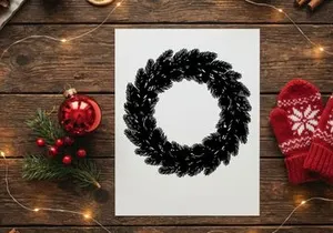 Black Christmas wreath silhouette isolated on white background for holiday design projects.