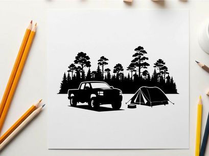 Camping silhouette of a truck and tent in a forest