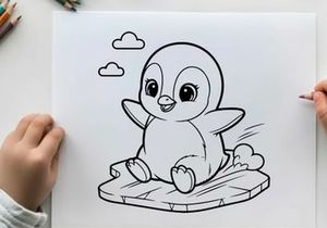 Cute baby penguin waving on ice vector illustration