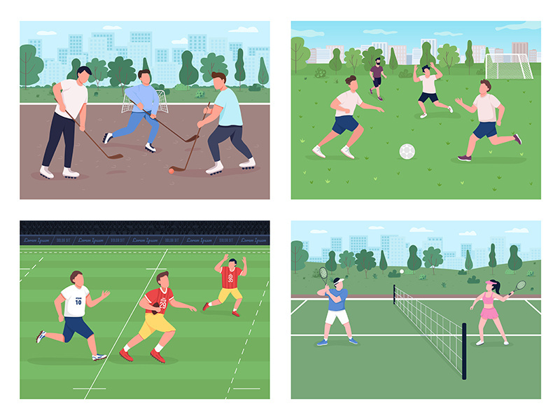 Outdoor sports match flat color vector illustration set