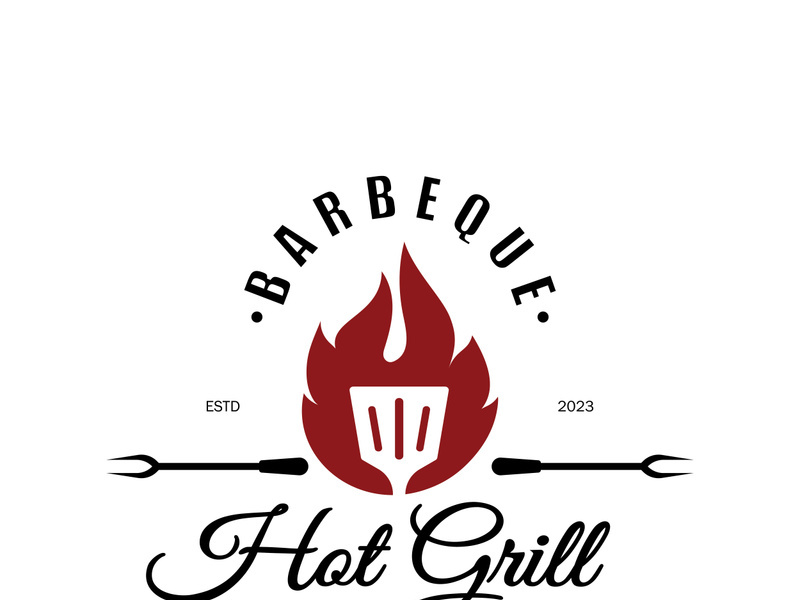 Simple Barbecue Vintage hot grill, with crossed flames and spatula. Logo for restaurant, badge, cafe and bar.vector