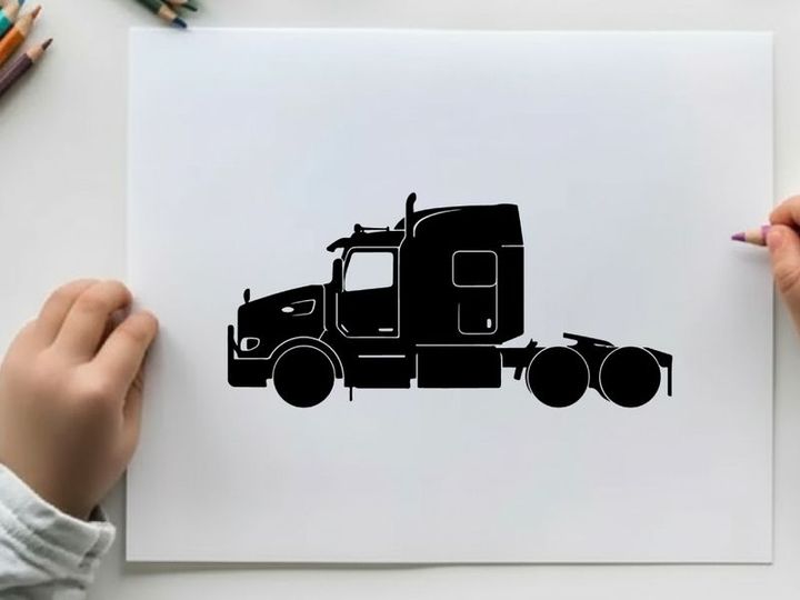 Black silhouette of a semi truck on a white background