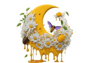 Watercolor Floral Honey Moon With Flying Bee And Sunflower, Vector Illustration Isolated In White Background.