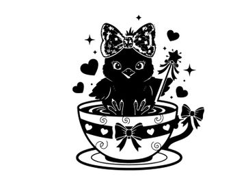 Adorable silhouette cat in decorative teacup with bow and wand silhouette preview picture