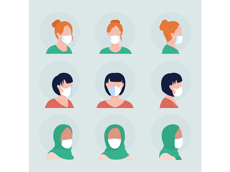Women with white masks flat color vector character avatar set