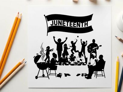 Juneteenth celebration silhouette with flag and family fun