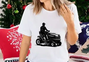 Man riding a lawn mower tractor in a black silhouette illustration