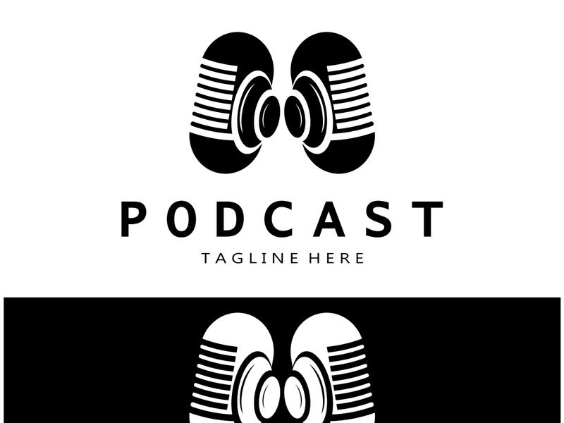 podcast logo with microphone and earphone audio, radio waves. for studio, talk show, chat, information sharing, interview, multimedia and web.