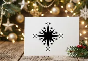 Black Christmas star icon, decorative holiday snowflake shape on white background.