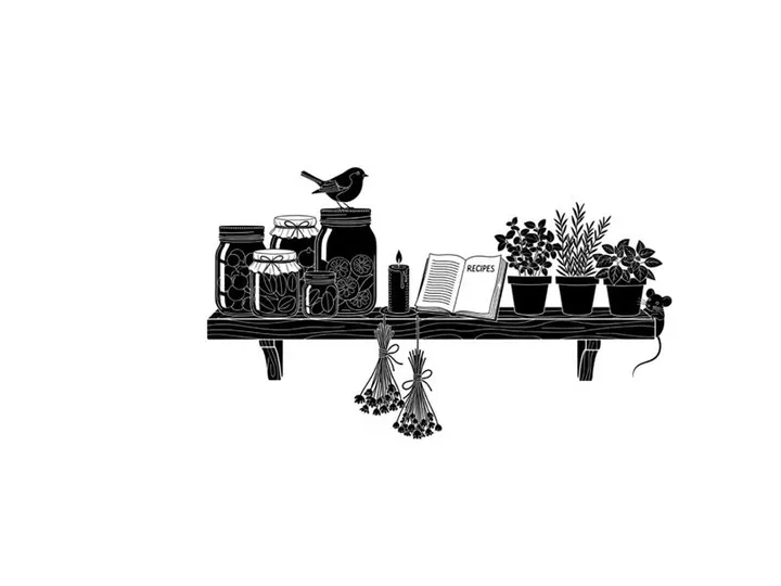 Silhouette of bird and plants on a shelf with jars and hanging flowers