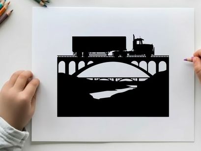 Truck crossing bridge silhouette against white background