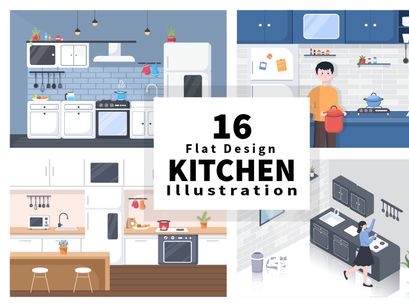 16 Kitchen Room with Furniture Background Vector Illustration